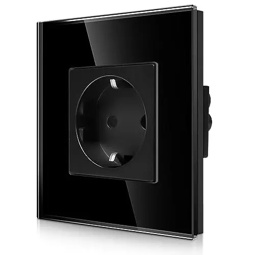 Produktbild: CNBINGO Glas Einzelsteckdose Unterputz in Schwarz - Einfach Schuko Steckdose mit Kindersicherung - 16 Amp Schutzkontakt Wandsteckdose mit Glasrahmen