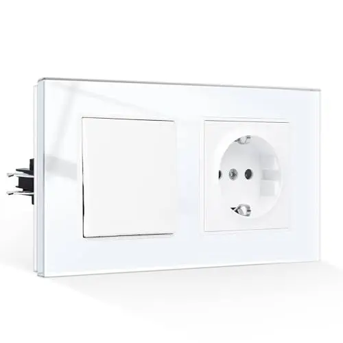Produktbild: CNBINGO Glas Lichtschalter mit Schuko Steckdose Unterputz - Gehärteter Glasscheibe Steckdose mit Steckklemme - 1 Fach 1 Weg, Weiß