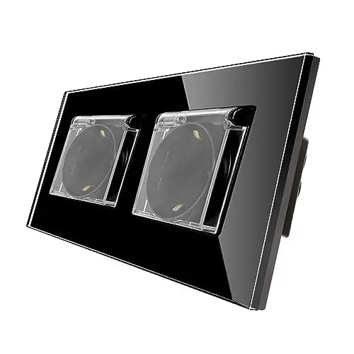 Produktbild: CNBINGO Glas Schuko Steckdose unterputz - mit wasserdichtem Deckel und Glasrahmen - Wandsteckdose zweifach in Schwarz - Geeignet für Waschräume, Küchen