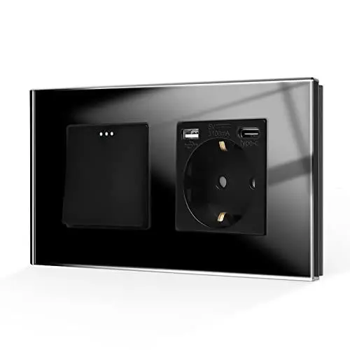 Produktbild: CNBINGO Lichtschalter mit USB Steckdose, Glas Schuko Steckdose Unterputz mit USB Anschluss und Typ C Port (3,1 Amp total), Kipplichtschalter, Schwarz Taste Schalter, 1-Fach, 1- poliger Ausschalter