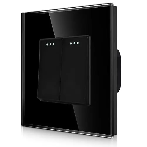 Produktbild: CNBINGO Rocker Lichtschalter 2 Fach 1 Weg Glas Lichtschalter, Modernem Kristallglas Wandplatte mit Leuchtpunkten, Schwarz
