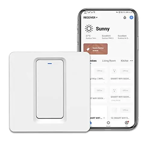 Produktbild: CNBINGO Smart Drücken Lichtschalter, Arbeit mit Alexa, Google Assistant, Mehrkontroll, WiFi-Schalter mit LED Indikator, Ohne Neutralleiter, Einzel Weiß Wandschalter, 1 Fach