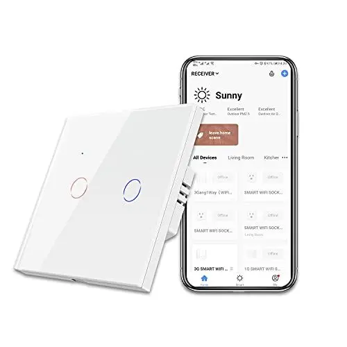 Produktbild: CNBINGO Smart Touch Lichtschalter Arbeiten mit Alexa, Google Assistant - WLAN Schalter unterputz - Design Glas Wandschalter zweifach in Weiß - Neutralleiter Wird Benötigt