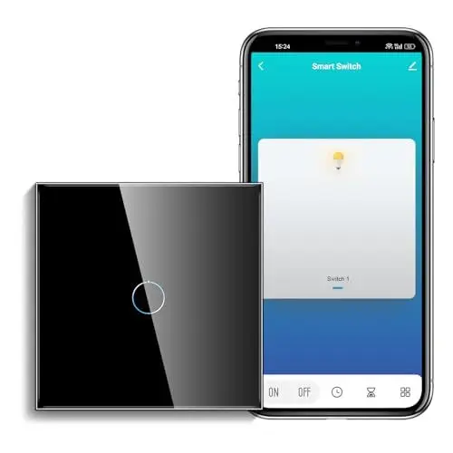 Produktbild: CNBINGO Smart Touch Lichtschalter Arbeiten mit Alexa, Google Home - Kein Neutralleiter Erforderlich - WLAN Lichtschalter unterputz Schwarz - mit Glas Panel und Status-LED