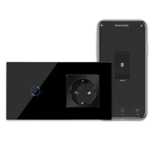 Produktbild: CNBINGO Smart Touchschalter mit Schuko Steckdose unterputz mit Glasrahmen, WLAN Lichtschalter Arbeit mit Alexa, Google Assistant, Wandschalter einfach in Schwarz, Neutralleiter Wird Benötigt