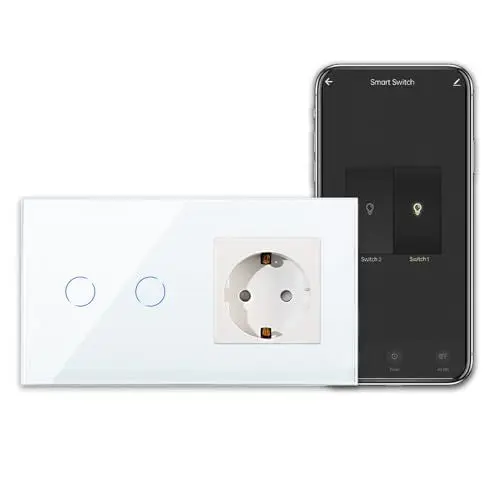 Produktbild: CNBINGO Smart Touchschalter mit Schuko Steckdose unterputz mit Glasrahmen, WLAN Lichtschalter Arbeit mit Alexa, Google Assistant, Wandschalter zweifach in Weiß, Neutralleiter Wird Benötigt