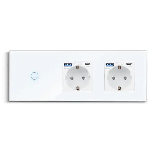 Produktbild: CNBINGO Touch Lichtschalter und Doppelsteckdose mit USB Schnellladen (Typ C+A unterstützung 20W Schnellladen) - USB Schuko Steckdose unterputz - Glas Wandschalter einfach mit Status-LED - Weiß