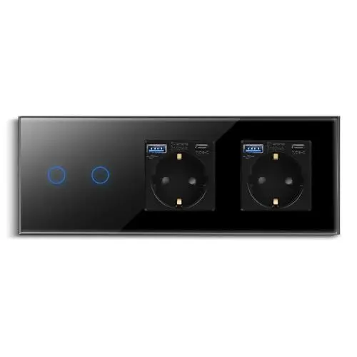 Produktbild: CNBINGO Touch Lichtschalter und Doppelsteckdose mit USB Schnellladen (Typ C+A unterstützung 20W Schnellladen) - USB Schuko Steckdose unterputz - Glas Wandschalter zweifach mit Status-LED - Schwarz