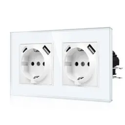 Produktbild: CNBINGO USB Doppelsteckdose mit Krallen - Glas Schuko Steckdose Unterputz mit USB Anschluss - 2× (Typ-C und USB-A Max.2,1 Amp) - Zweifach Weiß Wandsteckdose mit Kindersicherung - JFGM2