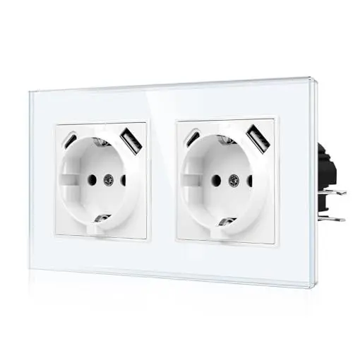 Produktbild: CNBINGO USB Doppelsteckdose mit Krallen - Glas Schuko Steckdose Unterputz mit USB Anschluss - 2× (Typ-C und USB-A Max.2,1 Amp) - Zweifach Weiß Wandsteckdose mit Kindersicherung - JFGM2