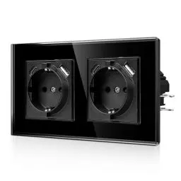 Produktbild: CNBINGO USB Doppelsteckdose mit Krallen - Glas Schuko Steckdose Unterputz mit USB Anschluss - 2× (Typ-C und USB-A Max.2,1 Amp) - Zweifach Schwarz Wandsteckdose mit Kindersicherung - JFGM2