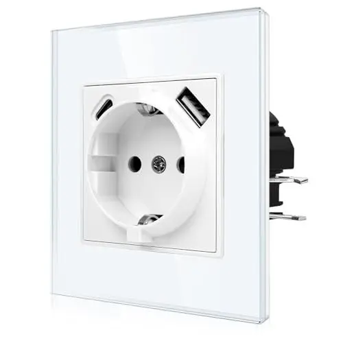 Produktbild: CNBINGO USB Einzelsteckdose mit Krallen - Glas Schuko Steckdose Unterputz mit USB Anschluss - 1× (Typ-C und USB-A Max.2,1 Amp) - Einfach Weiß Wandsteckdose mit Kindersicherung - JFGMAC