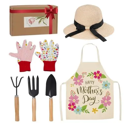 Produktbild: CNNIK Gartenwerkzeug Set Mama Geschenk Garten Geschenkset mit Garden Tools Strohhut Gartenschürze Gartenhandschuhe, Geschenke für Gartenliebhaber Geschenkset Frauen