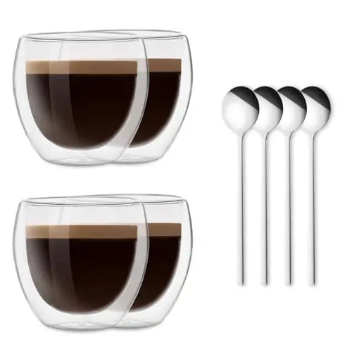 Produktbild: CNNIK Latte Macchiato Gläser Espressotassen Kaffeetassen Doppelwandige Gläser Kaffee Thermogläser Doppelwandige Kaffeegläser mit 4 Löffel Cappuccino Tassen Teegläser mit Henkel 4er Set 250ml