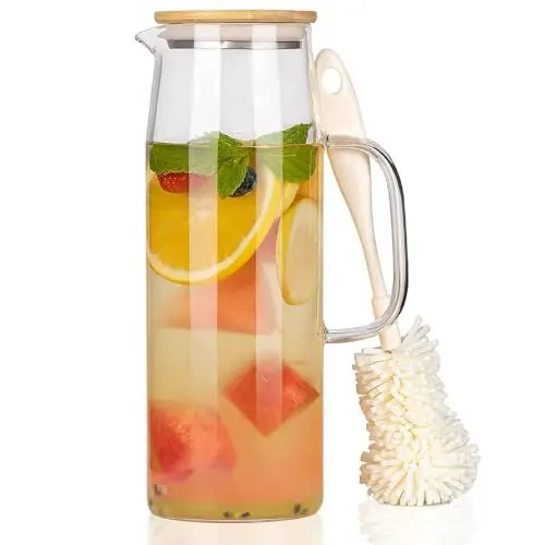 Produktbild: CNNIK Wasserkaraffe Glaskaraffe Karaffe Glas mit Deckel 1.5 Liter Wasserflasche Glas Wasserkaraffe mit Deckel Wasserkrug Glaskanne mit Griff für Heißes Kaltes Wasser Getränke Eistee Milch Kaffee Wein