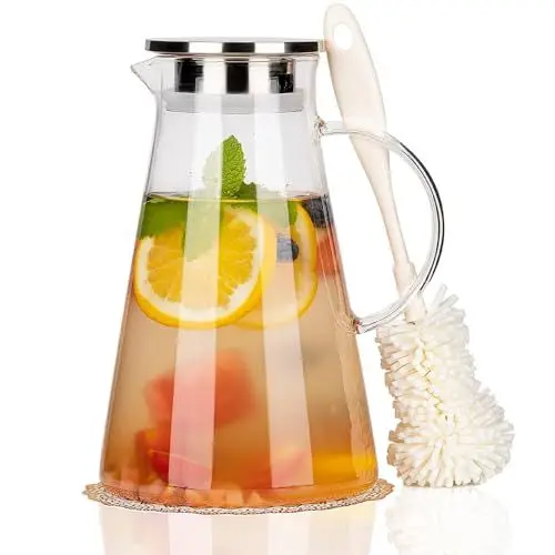 Produktbild: CNNIK Wasserkaraffe Glaskaraffe Karaffe Glas mit Deckel 1.8 Liter Wasserflasche Glas Wasserkaraffe mit Deckel Wasserkrug Glaskanne mit Griff für Heißes Kaltes Wasser Getränke Eistee Milch Kaffee Wein