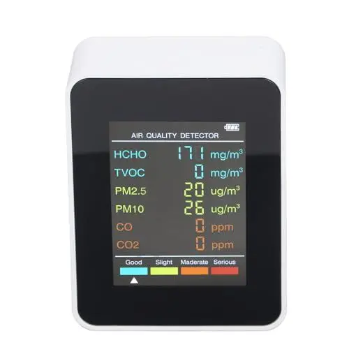 Produktbild: CO2-Detektor, CO2-TVOC-HCHO-PM2.5-PM10-Sensormessgerät mit Hintergrundbeleuchtetem LCD-Bildschirm, Temperatur- und Feuchtigkeitssensor mit Integriertem Alarm (WHITE)