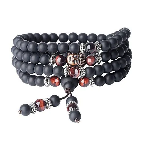 Produktbild: COAI Geschenkideen 108 Buddha Mala Armband aus Geschliffenem Onyx und Rotem Tigerauge