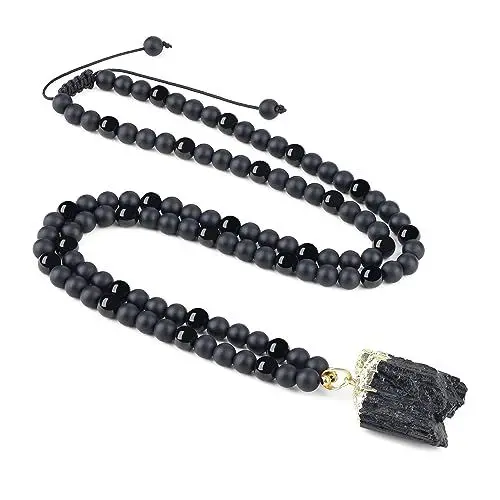 Produktbild: COAI Geschenkideen 108 Mala Kette aus Mattem Onyx und Turmalin mit Rohem Schörl Anhänger