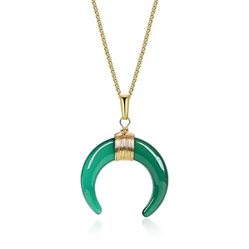 Produktbild: COAI Geschenkideen Damen Doppelhorn Anhänger Mond Anhänger Amulett Halskette Box Chain Kette aus Grünem Achat
