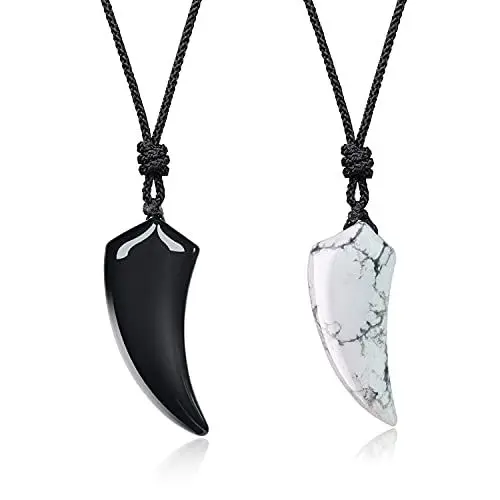 Produktbild: COAI Geschenkideen EIN Paar Surferketten Mehrfasen Spitzer Anhänger Wolfszahn Anhänger aus Obsidian und Howlith