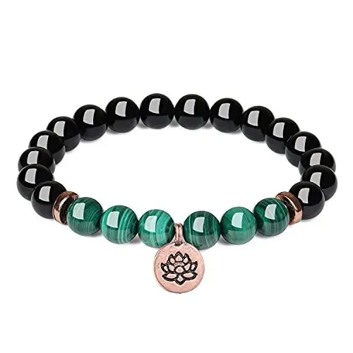 Produktbild: COAI Geschenkideen Edelstein Armband aus Schwarzem Turmalin Schörl und Malachit mit Lotosblume Charm