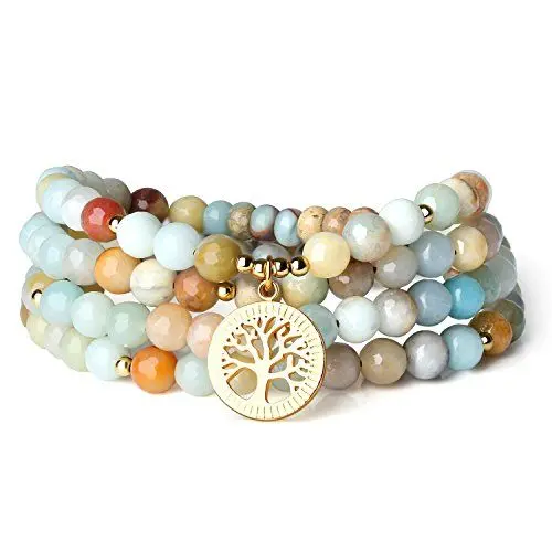 Produktbild: COAI Geschenkideen Glücksarmband aus 108 Vielfärbigem Amazonit mit Lebensbaum Zubehör Buddhistische Gebetsarmband für Damen und Herren
