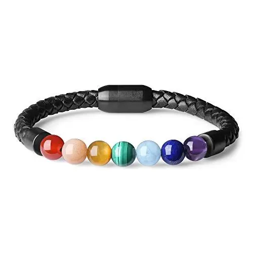Produktbild: COAI Geschenkideen Glücksarmband aus 7 Chakren und Lederarmband mit Magnetverschluss aus Edelstahl in Größe S für Herren