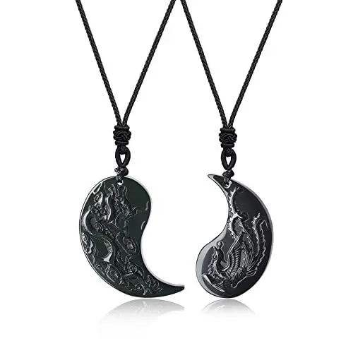Produktbild: COAI Geschenkideen Glückskette aus Obsidian Taichi Yin und Yang Drachen und Phönix Gravur Anhänger EIN Paar Partner Ketten