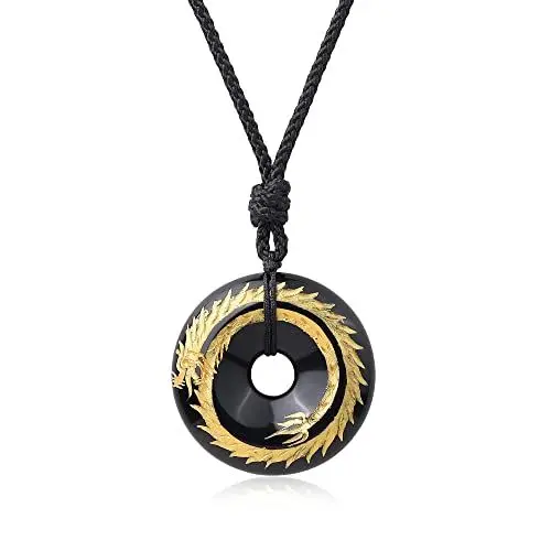 Produktbild: COAI Geschenkideen Glückskette mit Anhänger aus Obsidian Drache Gravur Donut Anhänger Amulett Verstellbare Halskette