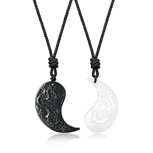 Produktbild: COAI Geschenkideen Glücksketten aus Obsidian und Weißer Jade Drachen und Phönix Gravur Anhänger EIN Paar Pärchen Ketten