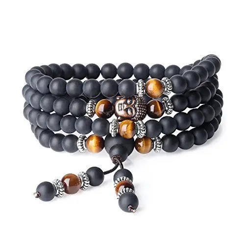 Produktbild: COAI Geschenkideen Herren Damen 108 Buddha Mala Armband aus Geschliffenem Onyx und Gelbem Tigerauge