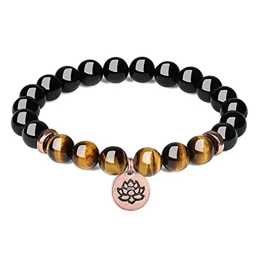 Produktbild: COAI Geschenkideen Reiki Armband aus Schwarzem Turmalin Schörl und Tigerauge mit Lotusblume Charm