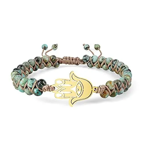 Produktbild: COAI Geschenkideen Unisex Glücksarmband aus Afrikanischem Türkis Handgeknüpftes Doppelschichtes Armband mit Hamsa Hand Charm