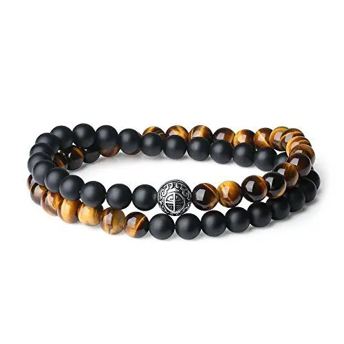 Produktbild: COAI Glücksarmband aus Matt Onyx und Tigerauge Gelb Wickelarmband mit 925 Sterling Silber Charm Guru-Perle Double Happiness für Herren Damen