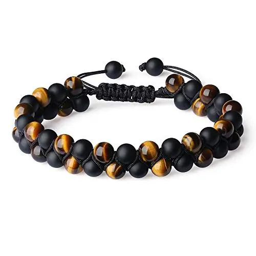 Produktbild: COAI Geschenkideen Unisex Glücksarmband aus Matt Onyx und Tigerauge Handgeknüpft Doppelschicht Armband