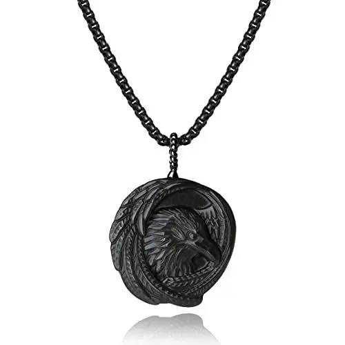 Produktbild: COAI Geschenkideen Unisex Glückskette aus Schwarzem Obsidian mit Adler Anhänger Edelstahl Kette