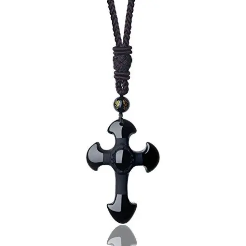 Produktbild: COAI Kreuz Anhänger Halskette aus Schwarzer Obsidian mit Nylonschnur Kette für Herren Damen