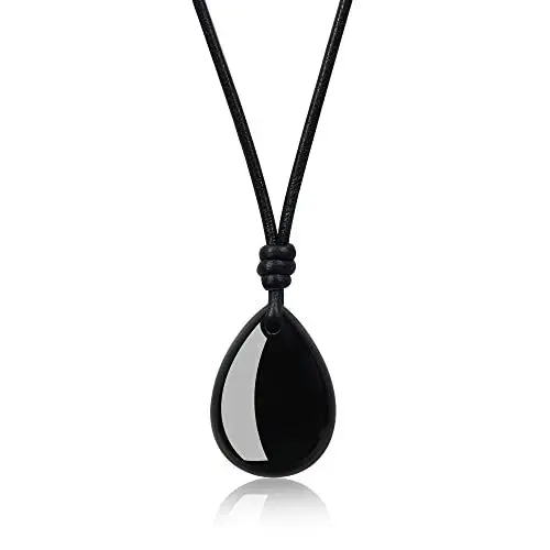 Produktbild: COAI Geschenkideen Unisex Leder Halskette mit Träne der Engel Wassertropfen Anhänger aus Obsidian