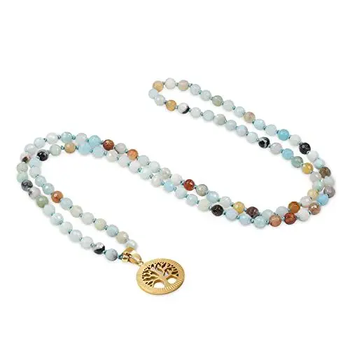 Produktbild: COAI Geschenkideen Unisex Verknotete 108 Mala Kette Meditationskette Gebetskette aus Facettiertem Amazonit mit Lebensbaum Charm