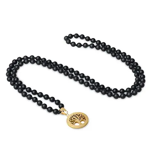 Produktbild: COAI Geschenkideen Unisex Verknotete 108 Mala Kette Meditationskette Gebetskette aus Mattem Onyx mit Lebensbaum Charm