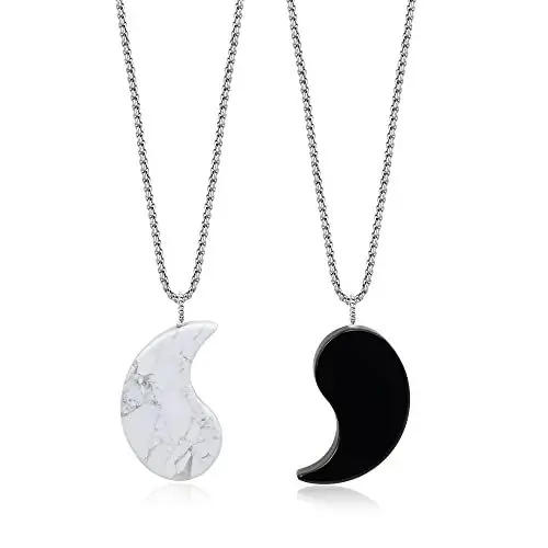 Produktbild: COAI Geschenkideen Unisex Yin Yang Puzzle Ketten Japanischer Magatama Anhänger aus Howlith und Obsidian für Sie und Ihn