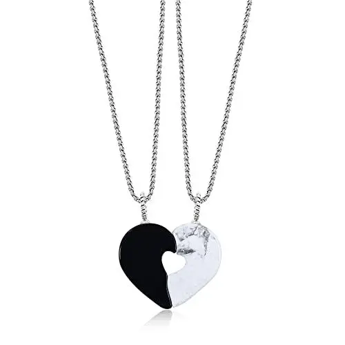 Produktbild: COAI Geschenkideen Yin Yang Puzzle Partner Ketten Herz in Herz Anhänger aus Howlith und Obsidian für Sie und Ihn