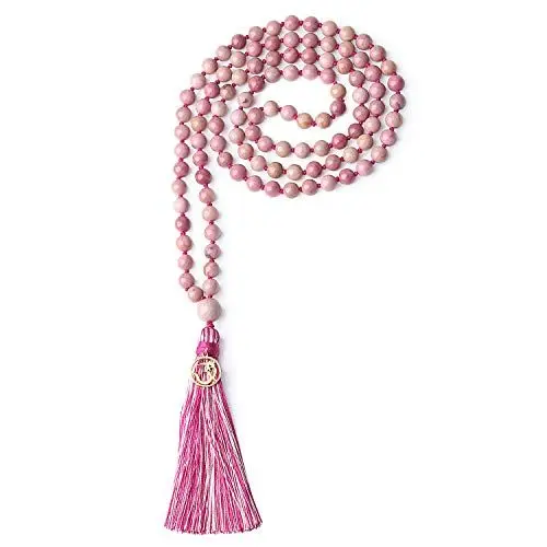 Produktbild: COAI Handgeknüpft 108 Mala Yoga Kette Buddhistische Halskette Gebetskette aus 8mm Rhodochrosit mit Quaste und OM Anhänger für Damen Herrren