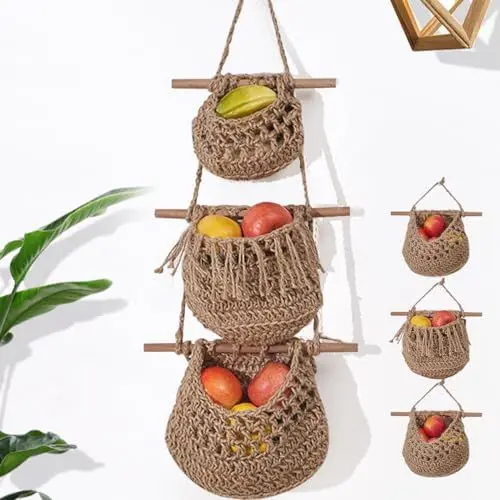 Produktbild: COANSEN 3 Stöckiger Obstkorb Hängend,Obstkorb Wand,Obst Aufbewahrung, Handgefertigt Korb Hängender Küche Boho Hängekörbe,Für Küche, Wohnzimmer,Badezimmer,Schlafzimmer (Braun)