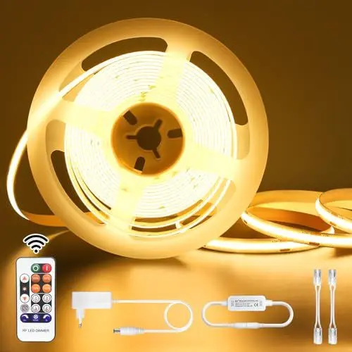 Produktbild: COB LED Streifen 5M Warmweiss, LED Strip Dimmbar 24V 3000K, IP44 Wasserdicht Lichtband Led Selbstklebend mit Fernbedienung und Netzteil, Timerfunktion Lichtleiste, LED Band für TV Küche Wohnzimmer DIY