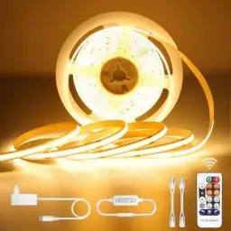 Produktbild: COB LED Streifen Warmweiss 5M, LED Stripe Dimmbar 24V 3000K, lichtband led selbstklebend Wasserdicht IP44, Lichtleiste mit Netzteil und Controller für Unterbau, TV Küche Wohnzimmer DIY LED Band 5M