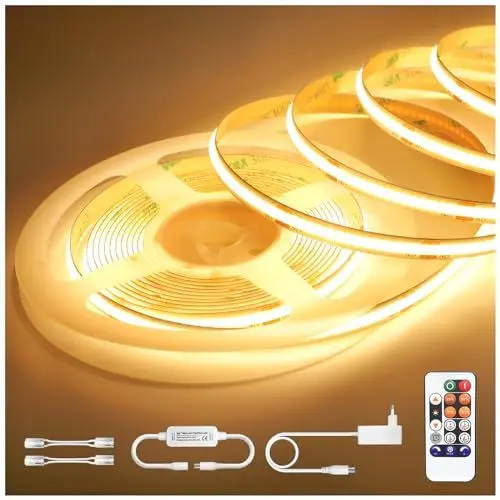 Produktbild: COB Led Streifen 5M Warmweiss, 24V LED Strip Dimmbar 3000K, Lichtband LED Selbstklebend mit Fernsteuerung, Light Stripes Wasserdicht IP44 mit Netzteil, LED Band 5m für Bad Küche TV Unterbau（Timer）