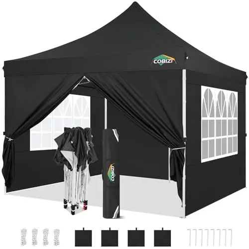 Produktbild: COBIZI Faltpavillon 3x3, Pavillon 3x3 Wasserdicht Stabil Winterfest, Faltbar Partyzelt mit 4 Seitenwänden & 4 Sandsack Pop up Gartenpavillon UV-Schutz 50+ für Hochzeiten, Freien, Schwarz