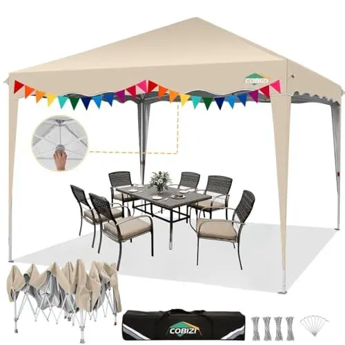 Produktbild: COBIZI Faltpavillon 3x3 Pop Up Pavillon 3x3 Wasserdicht Stabil One Push UV-Schutz Outdoor Partyzelt Wellige Traufe Festzelt Zelt Gartenpavillon Pavillion Klappbar 3x3m Mit Tragetasche, Beige